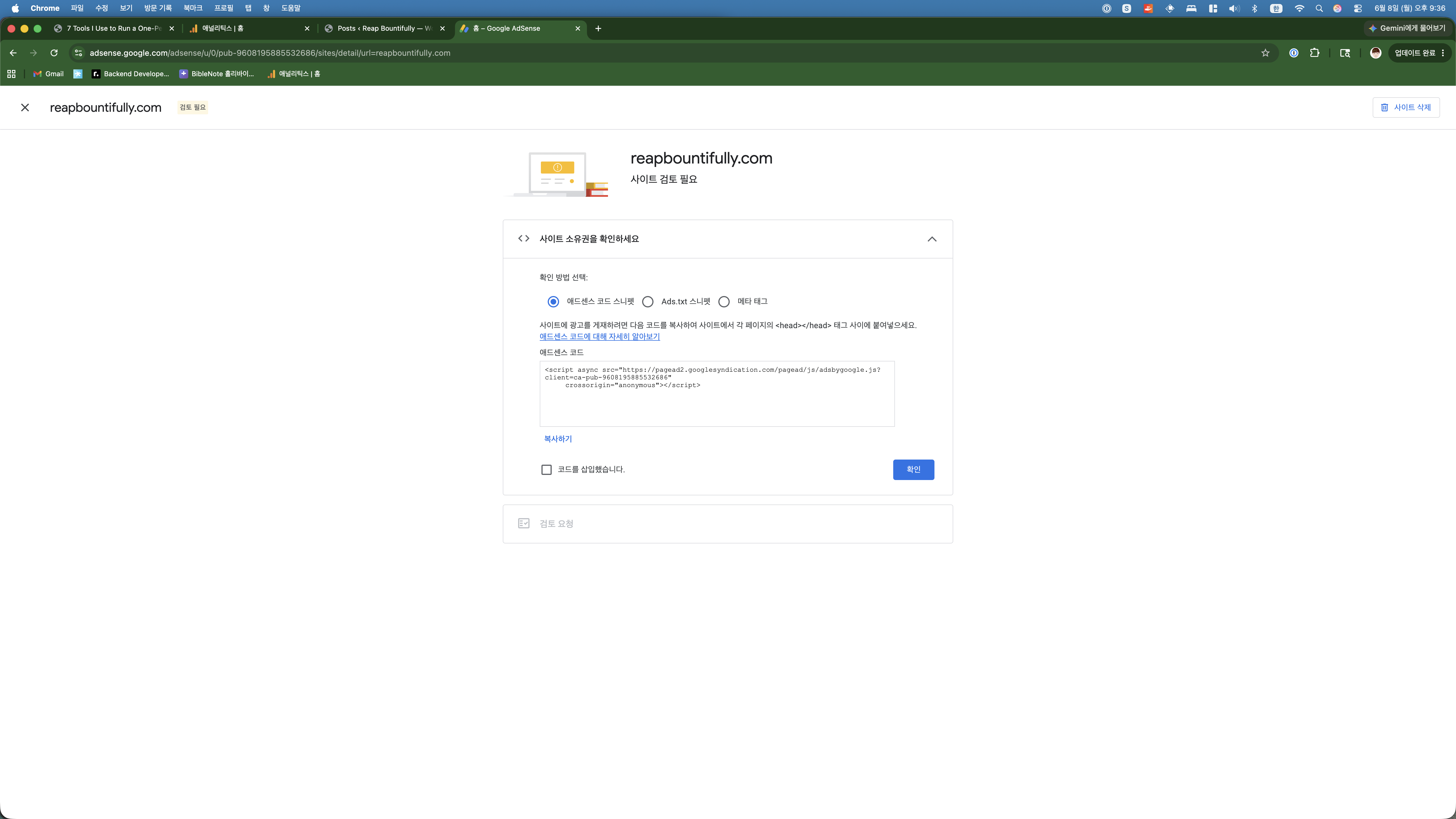 AdSense code snippet page showing the script to insert