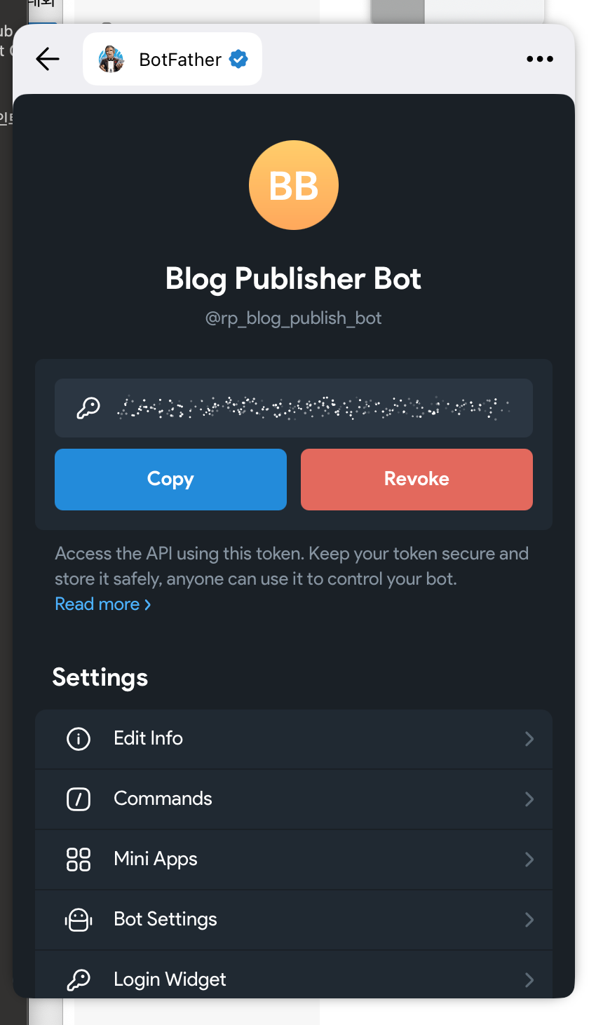 Blog Publisher Bot created in BotFather with API token displayed