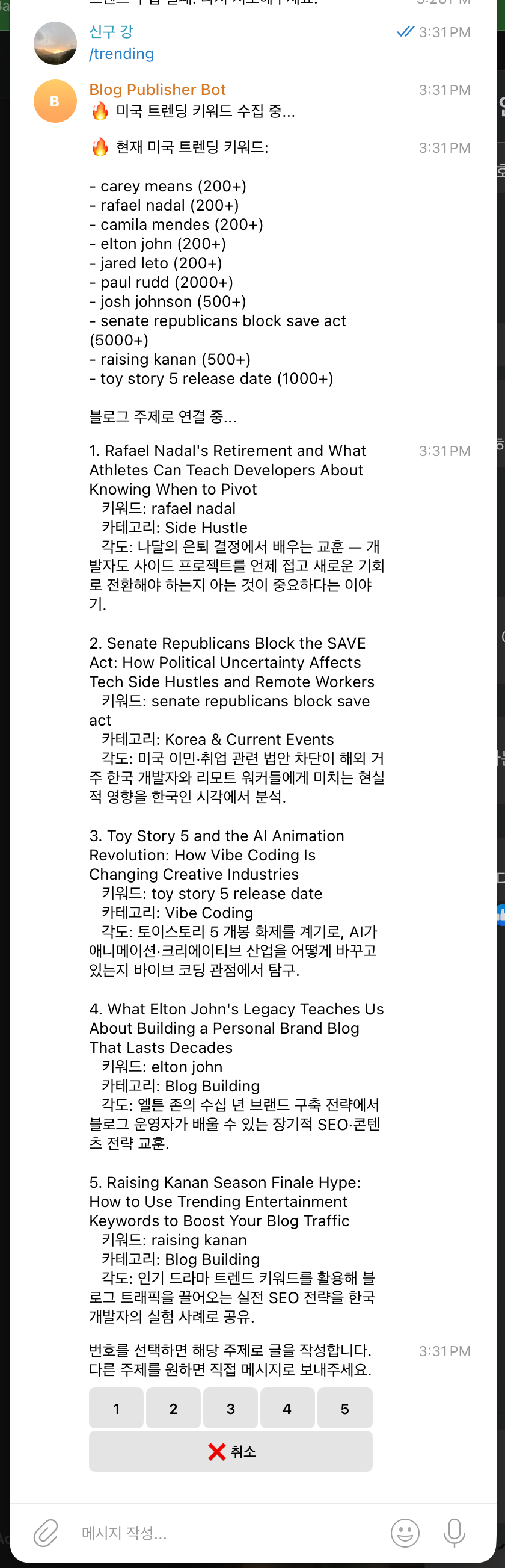 Telegram bot showing trending keyword-based blog topic suggestions with selection buttons