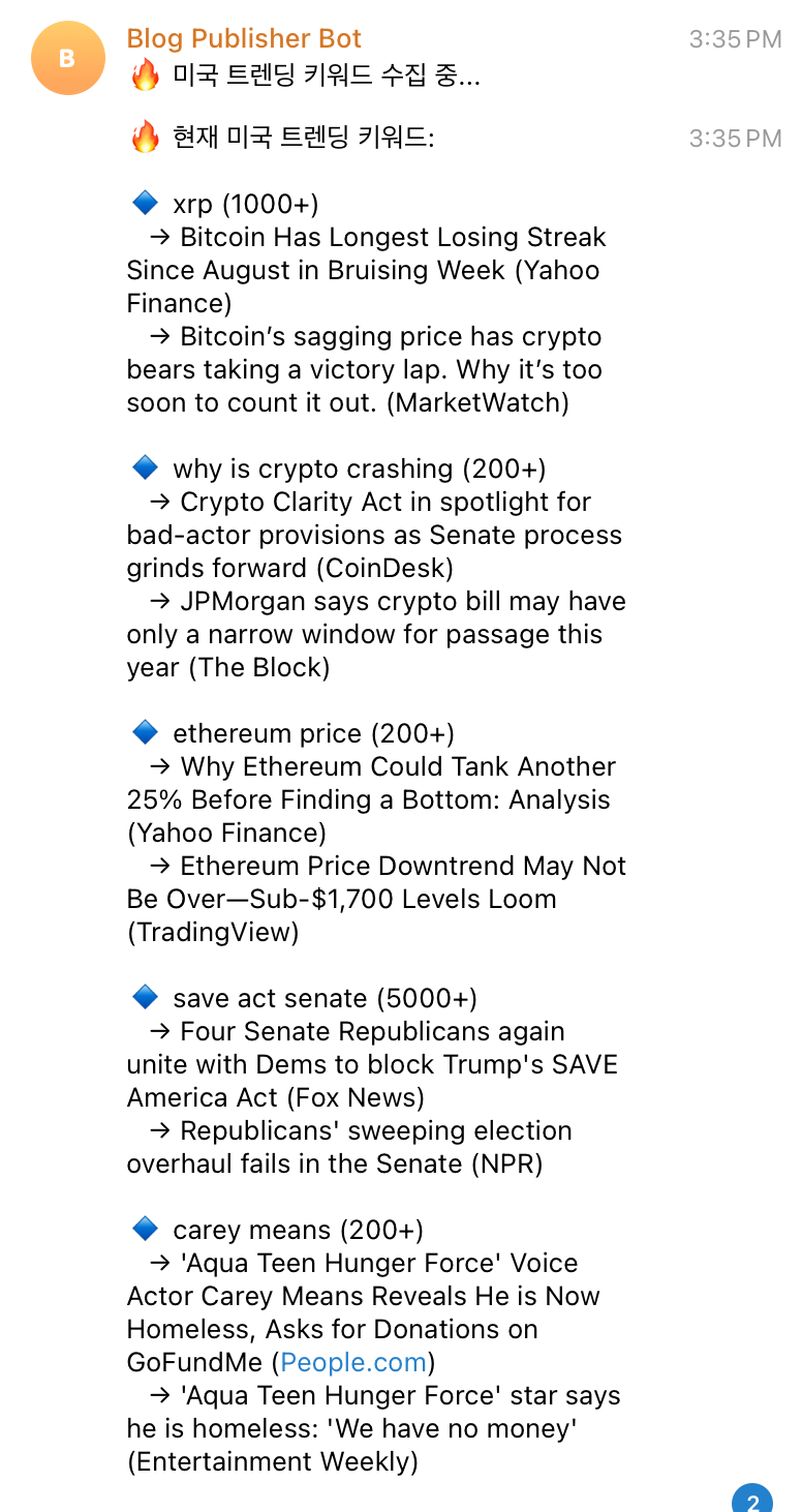 Telegram bot showing US trending keywords with Korean explanations